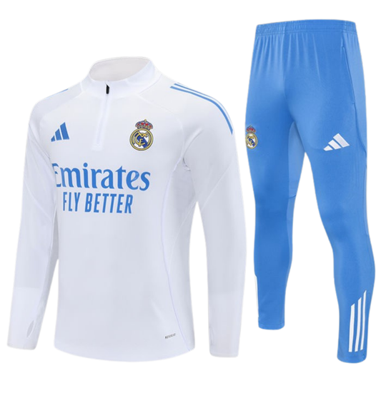 Survêtement real madrid long 1/4 zip blanc/bleu 2025/26